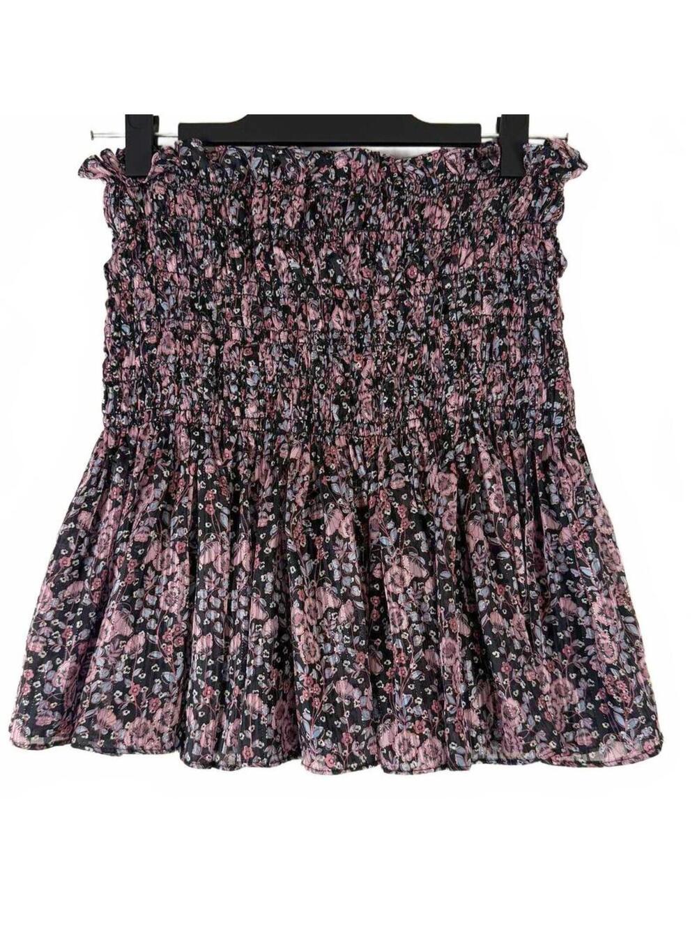 Zara Floral Smocked Mini Skirt Black Pink Ruffle‎ High Waist Pull On Size Medium